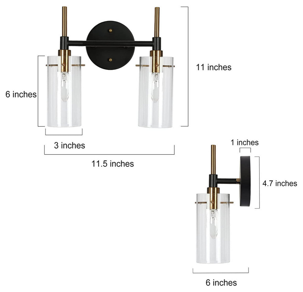 2-Light Farmhouse Wall Lights Black and Gold Wall Sconce With Glass Shade