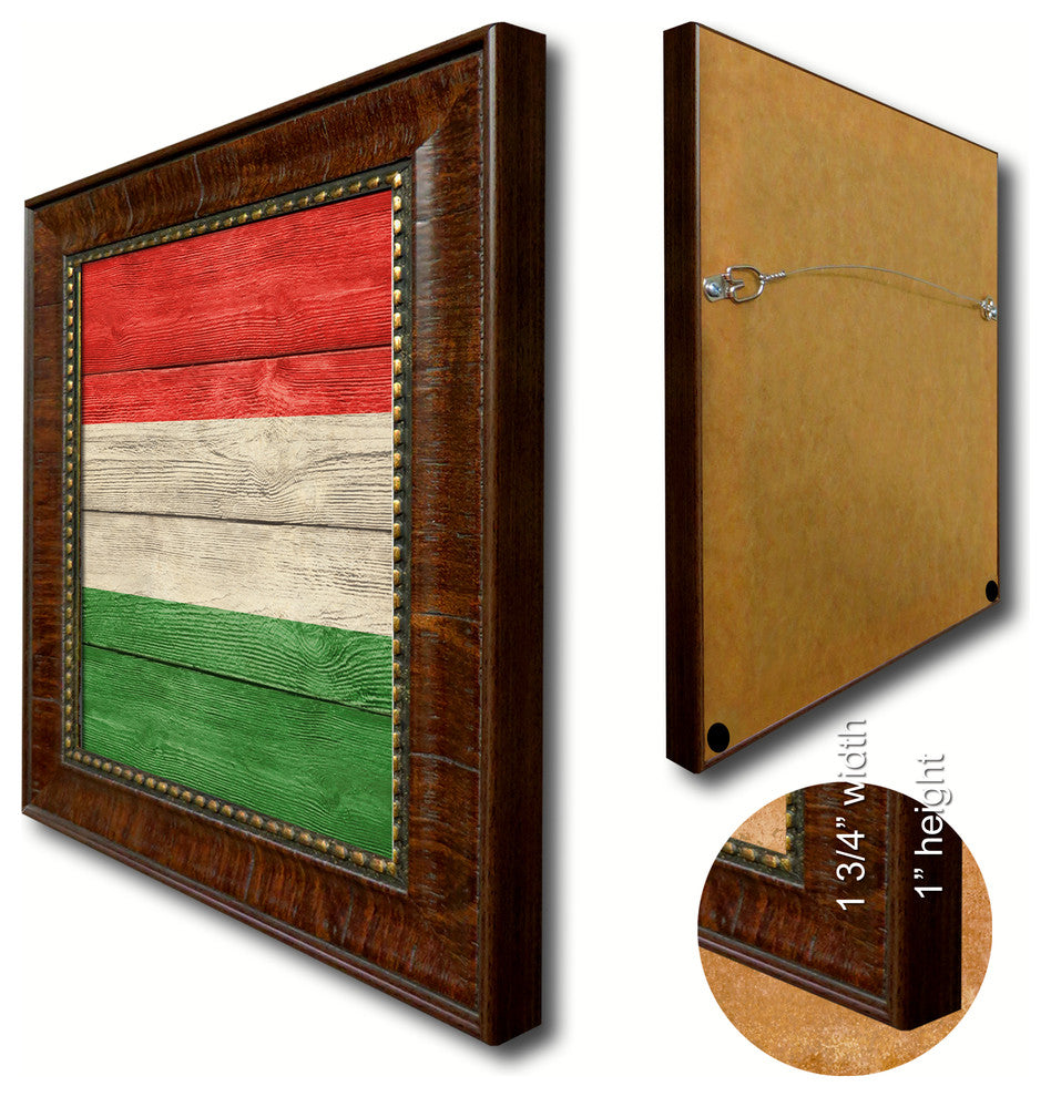 Hungary Country Textured Flag Print With Brown Gold Frame, 19"X27"