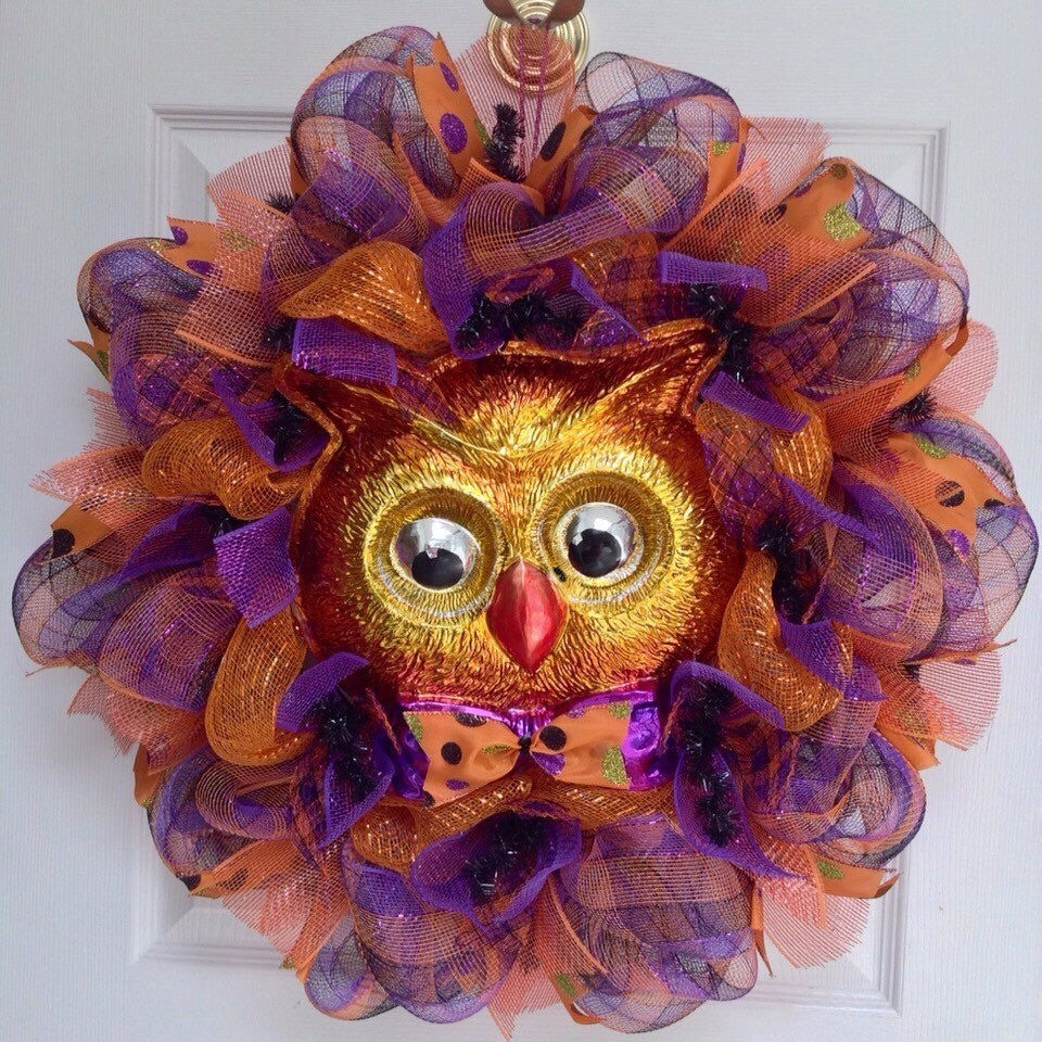 Adorable Halloween Owl with Moving Eyes Handmade Deco Mesh Wreath