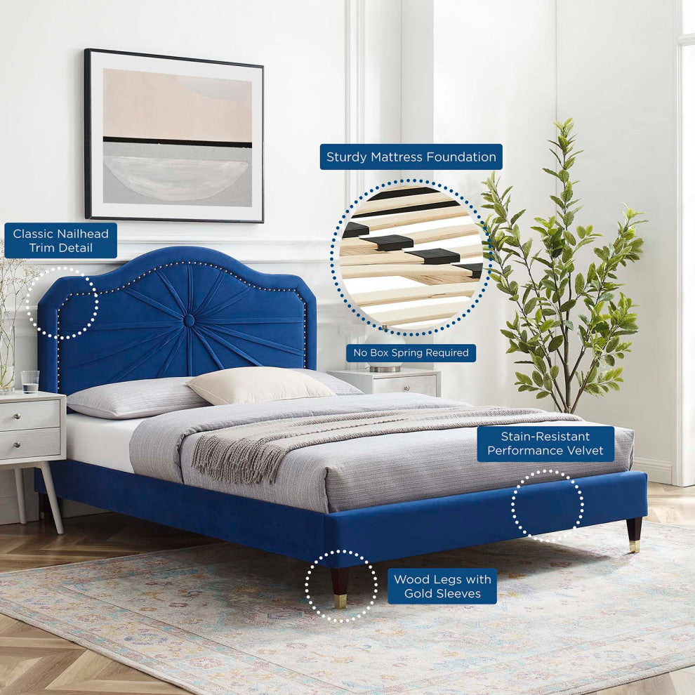 Platform Bed Frame, King Size, Velvet, Blue Navy, Modern Contemporary, Bedroom
