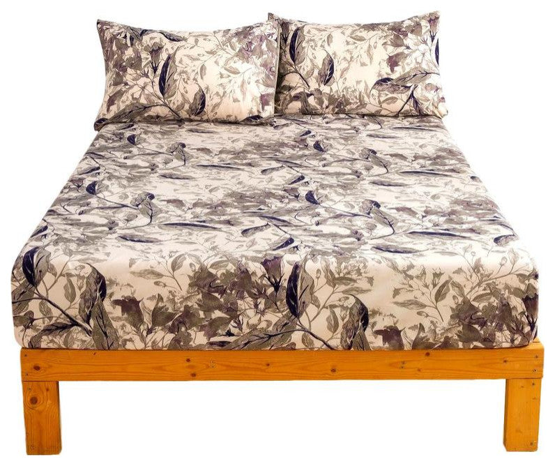 Wispy Leaf Taupe Gray Microfiber Fitted Sheet, Twin
