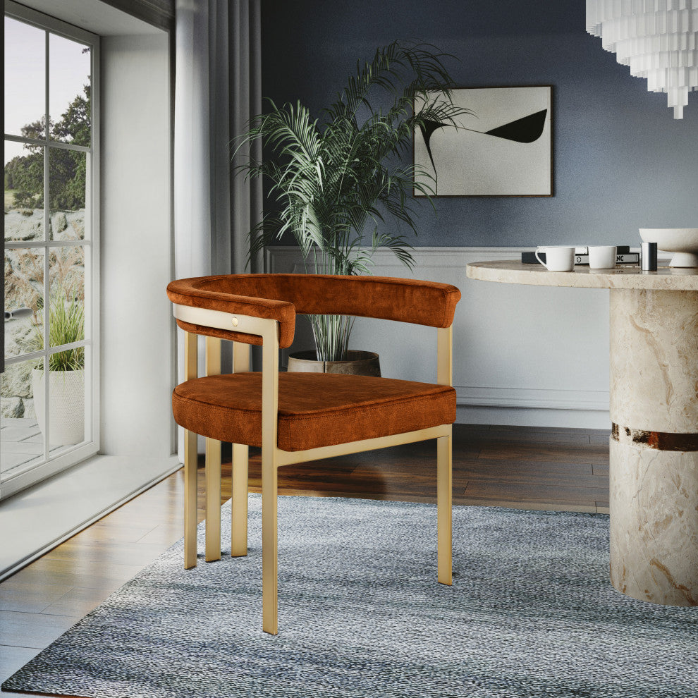 Marcello Upholstered Dining Chair, Cognac, Velvet, Brushed Brass Finish
