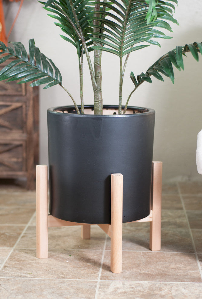 Extra Large Ceramic Cylinder Pot 13'' Black With Plant Stand Set Natural Color