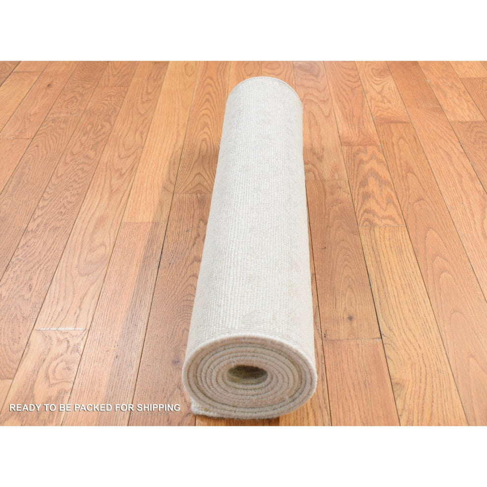 White Hand Knotted Tone on Tone Design Silk With Wool Runner Rug 2'6"x10'1"