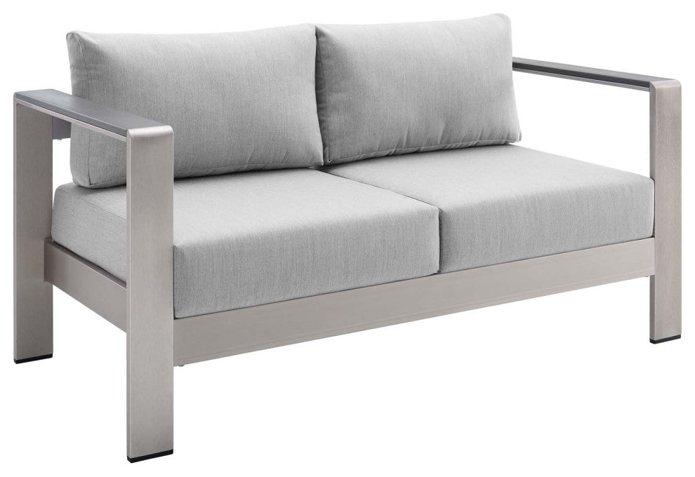 Shore Sunbrella Fabric Aluminum Outdoor Patio Loveseat Silver Gray
