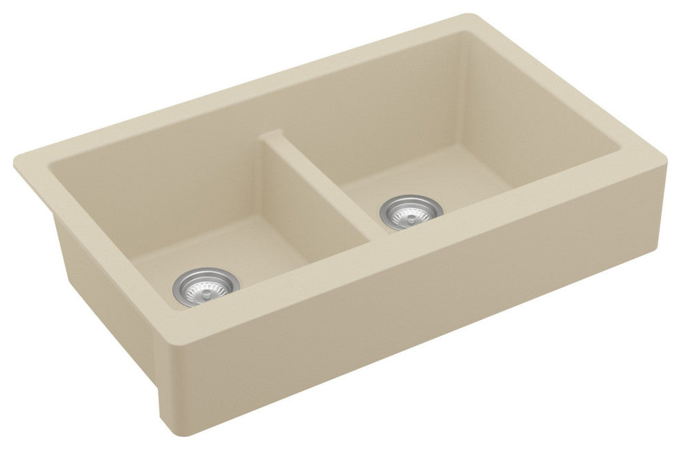 Karran Retrofit Farmhouse Quartz 34" Double Bowl Sink, Bisque