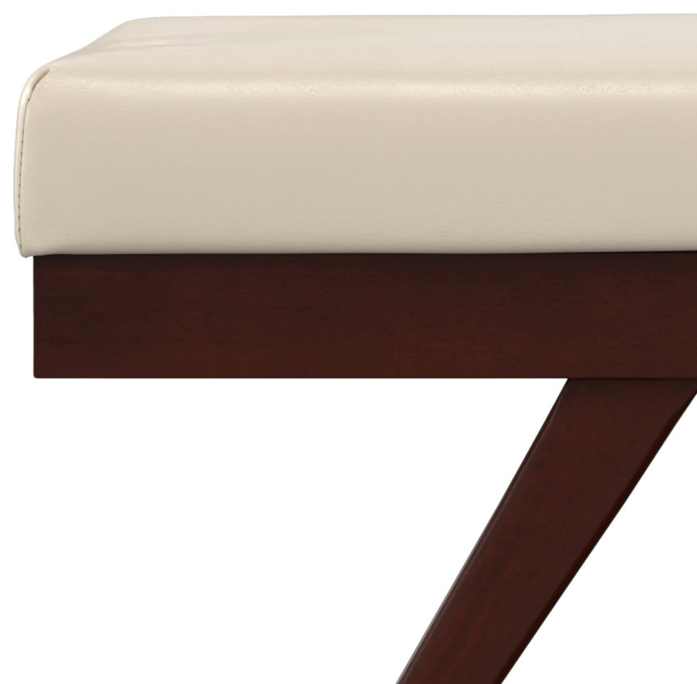 Chanelle Solid Hardwood Mid Century Ottoman Bench, Satin Cream