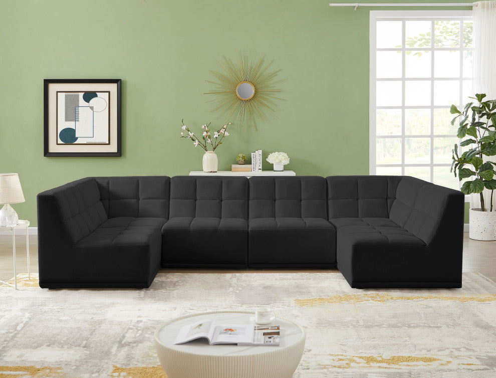 Relax Velvet Upholstered 6-Piece U-Shaped Modular Sectional, Black