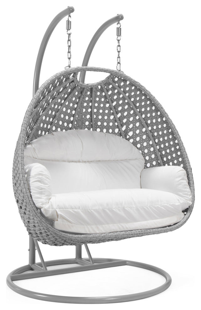 LeisureMod Mendoza Light Gray Wicker Hanging Double Egg Swing Chair, White