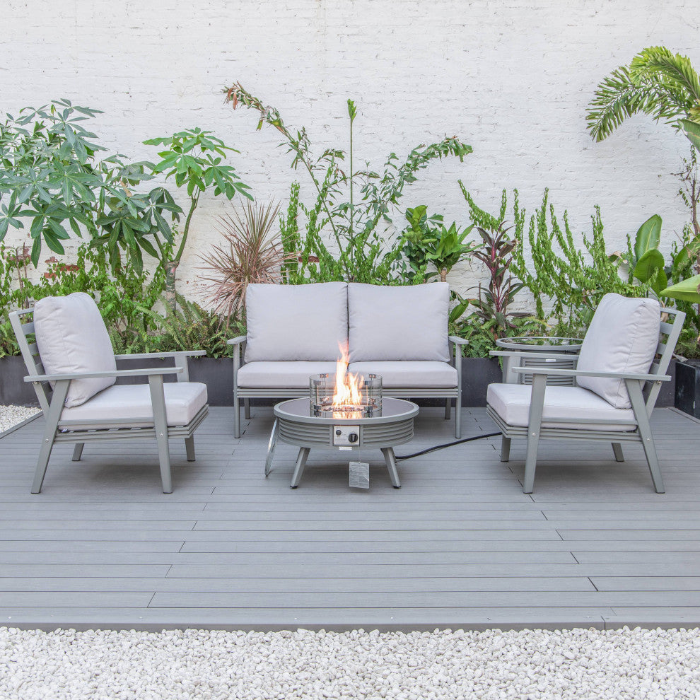 LeisureMod Walbrooke Patio Sofa Set With Round Fire Pit Table, Light Grey