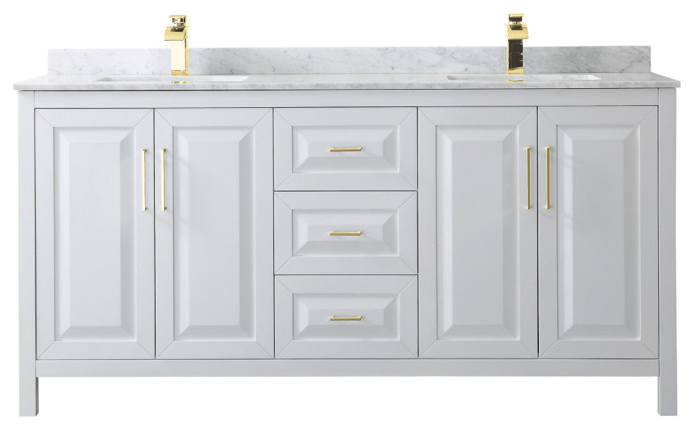 72" Double Bath Vanity, White, White Carrara Countertop, Sinks, Gold Trim