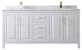 72" Double Bath Vanity, White, White Carrara Countertop, Sinks, Gold Trim