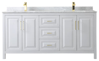 72" Double Bath Vanity, White, White Carrara Countertop, Sinks, Gold Trim