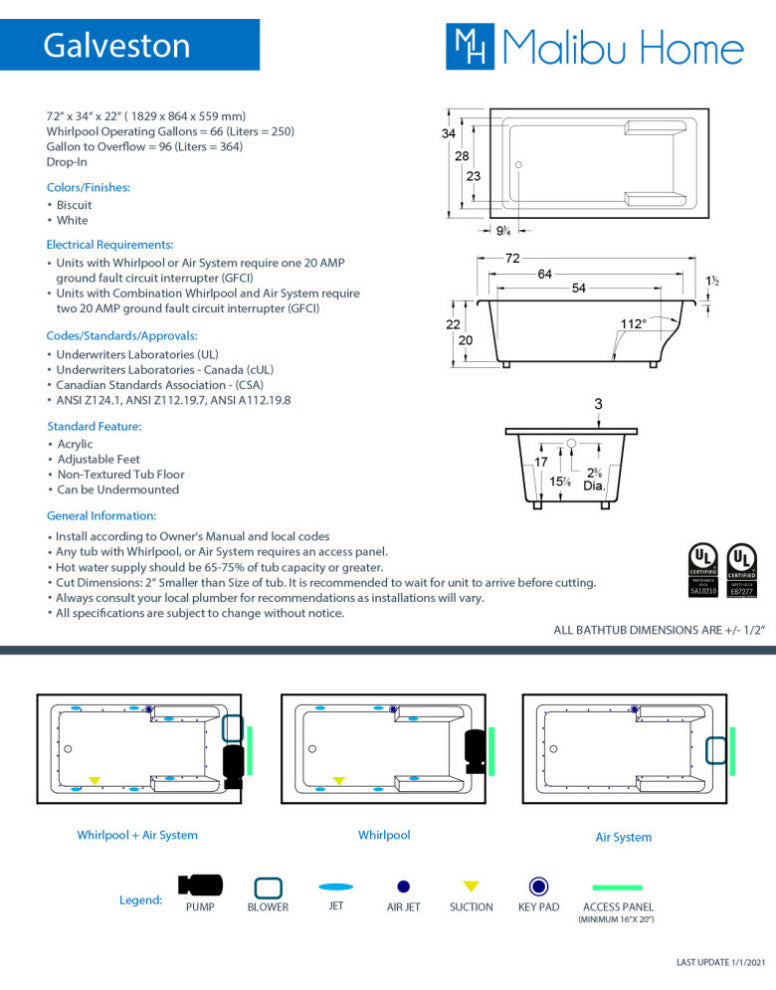 Malibu Galveston Rectangle Whirlpool Bathtub 72x34x22 Biscuit