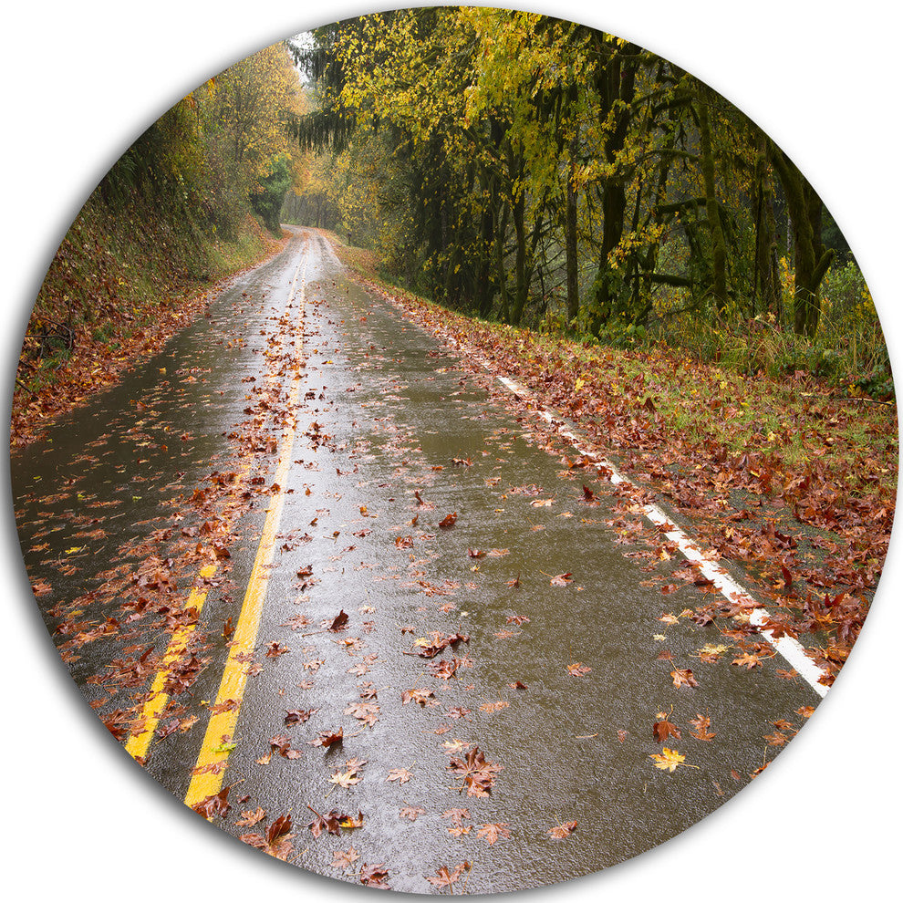 Wet Rainy Road In Forest, Landscape Photo Round Wall Art, 36"