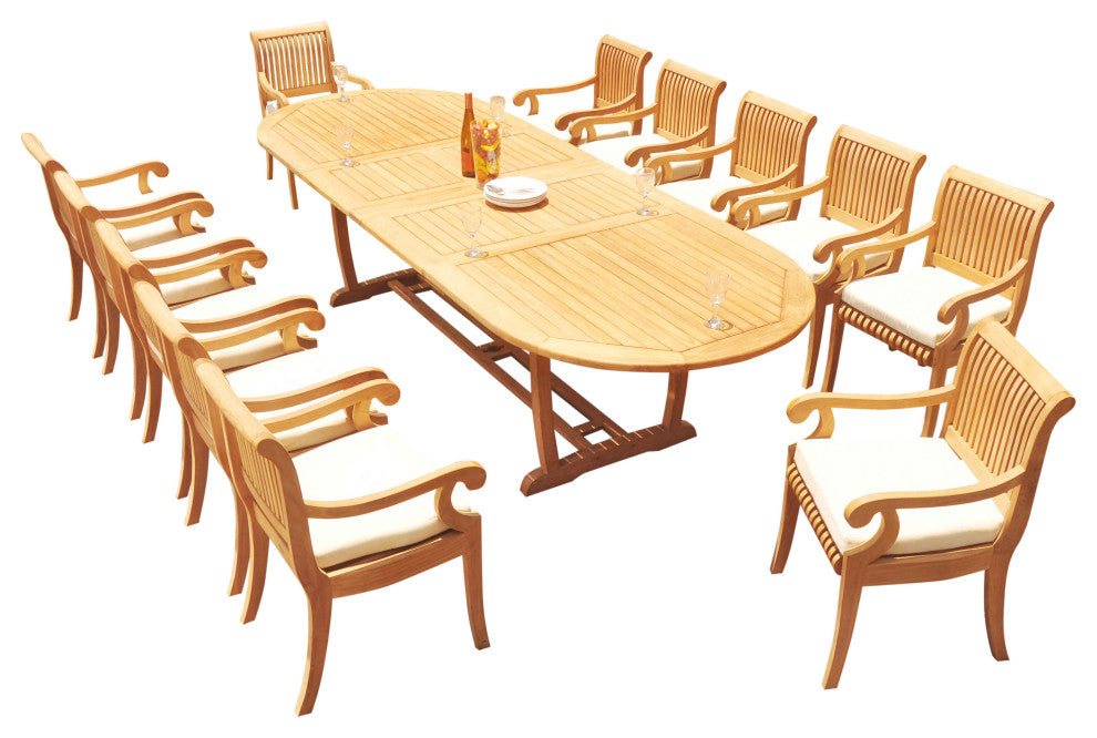13-Piece Outdoor Teak Dining Set: 117" Extension Oval Table, 12 Giva Arm Chairs