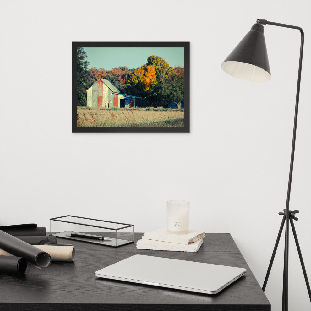 Patriotic Weathered Barn in Field Cross Processed Framed Photo Wall Art Prints, Black, 12" X 16"