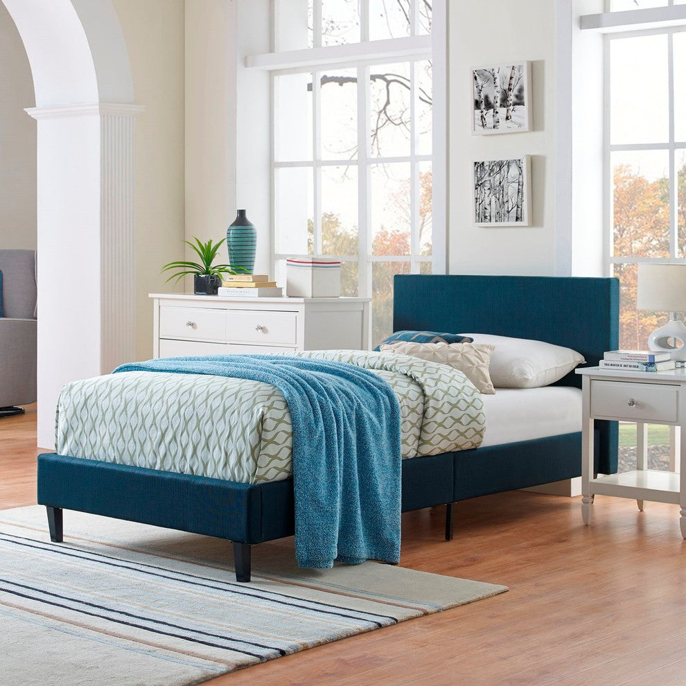 Modern Contemporary Urban Twin Size Platform Bed Frame, Navy Blue, Fabric Wood