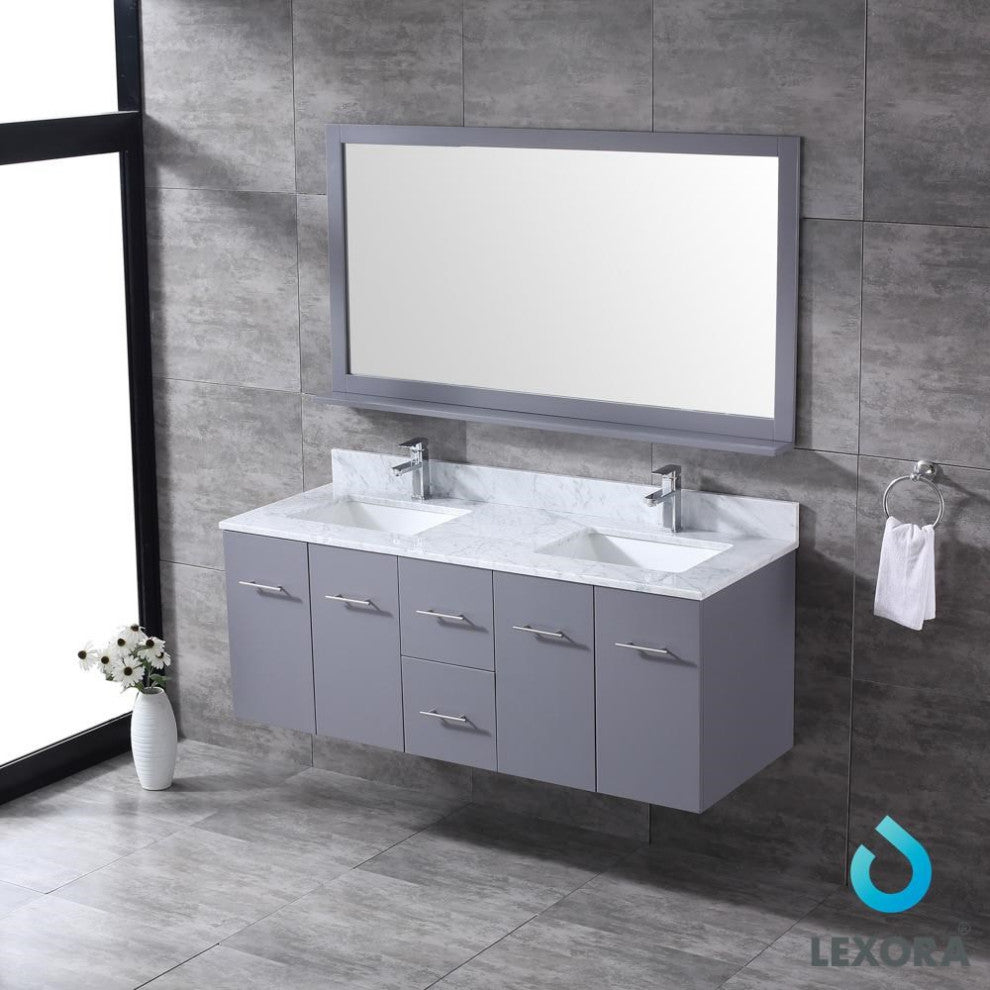Amelie 60" Dark Grey Double Vanity Carrara Marble Top Sinks and 60" Wall Mirror