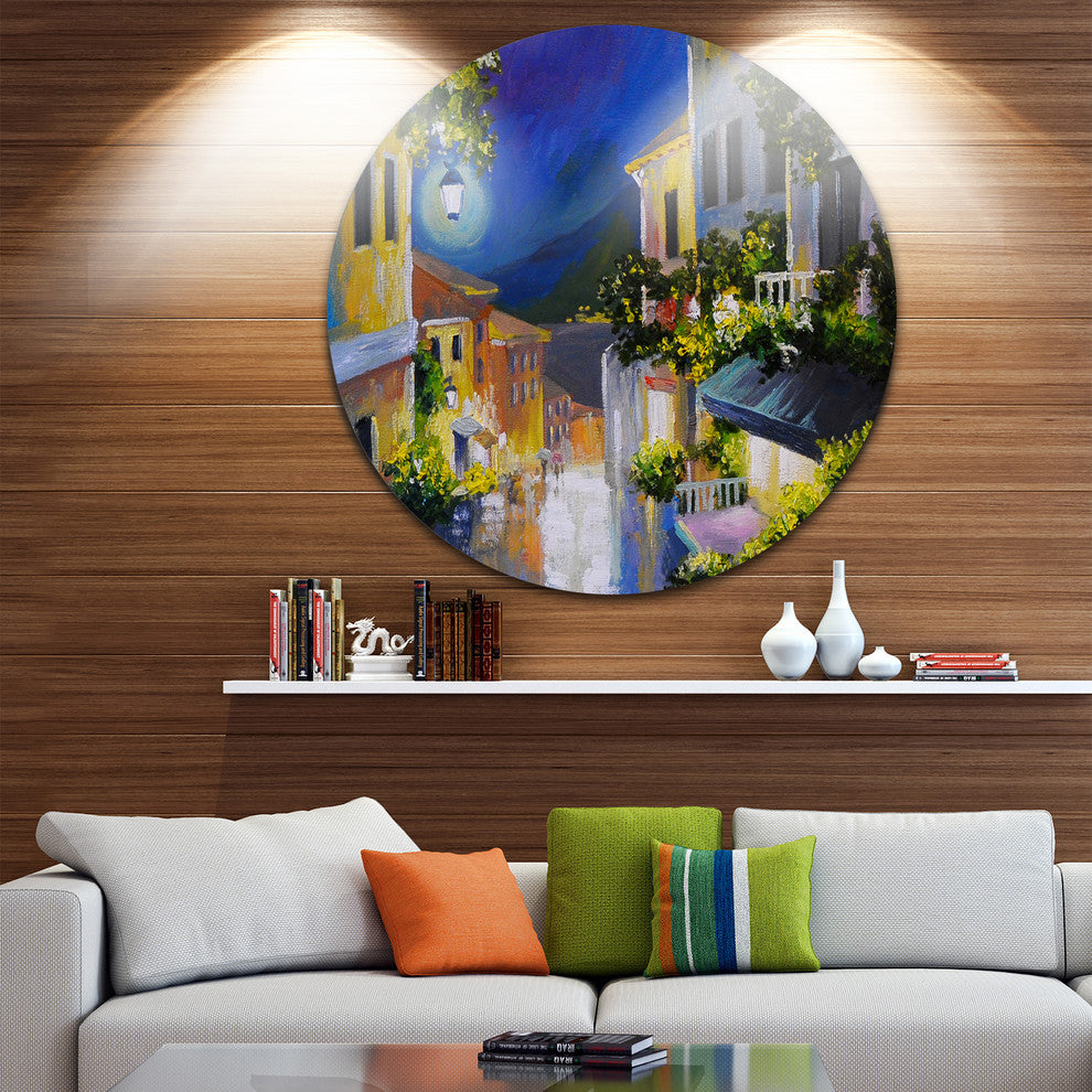 Night City Near Sea, Landscape Round Wall Art, 23"