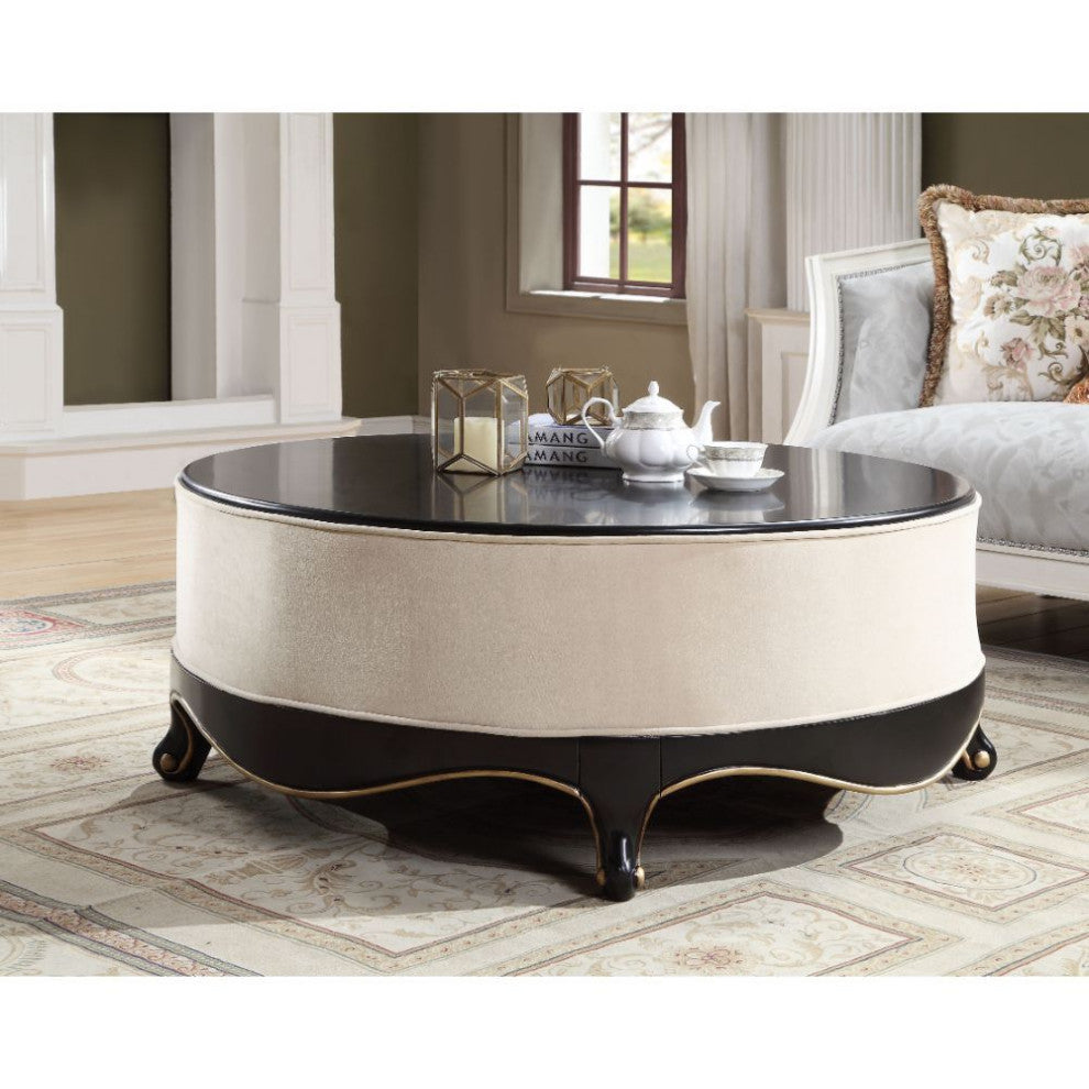 Fabric Upholstered Coffee Table, Cream and Black Finish