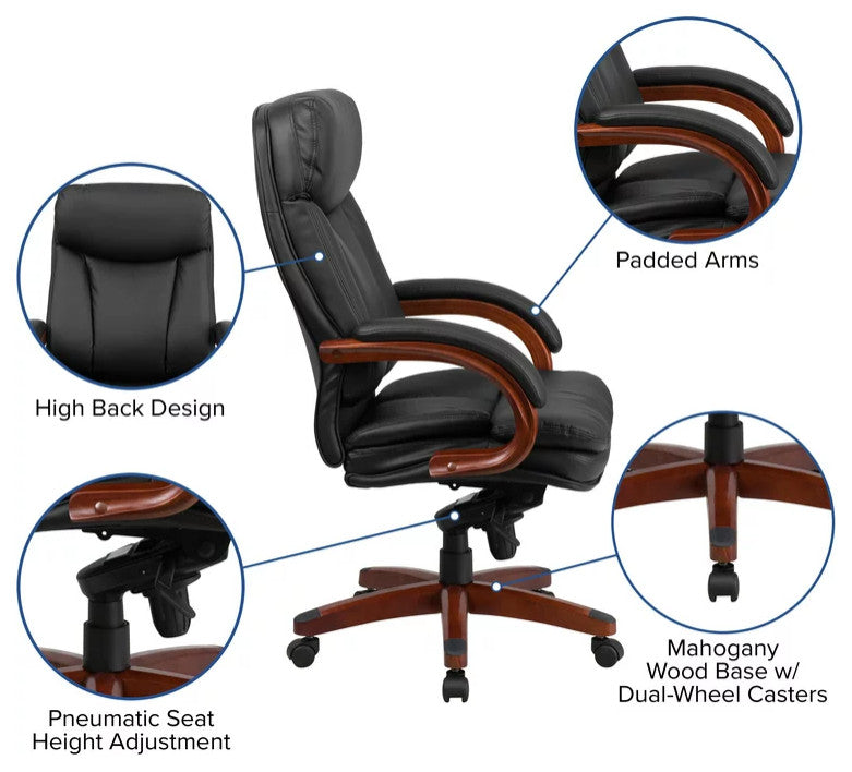 Contemporary Office Chair, Mahogany Wooden Base With Padded Arms, Black