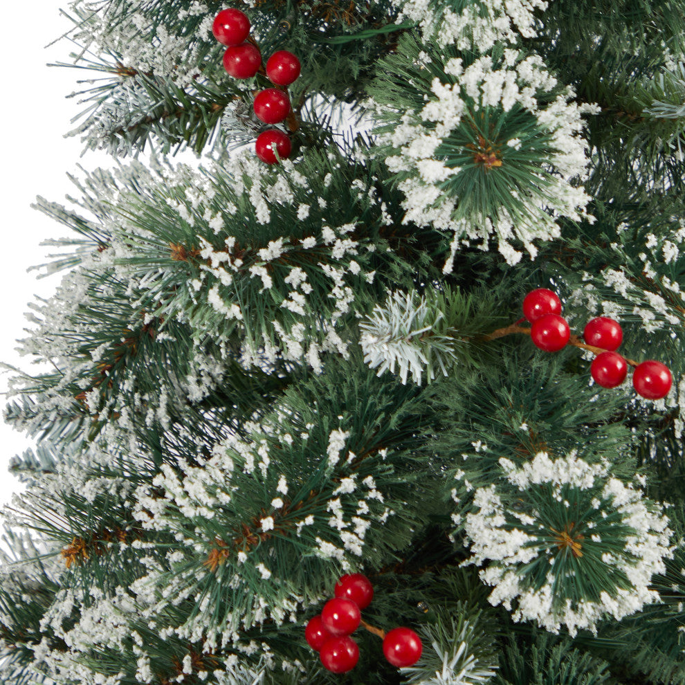 52" Frosted Swiss Pine Faux Xmas Tree W/100 Clear Lights & Berries, Red Planter