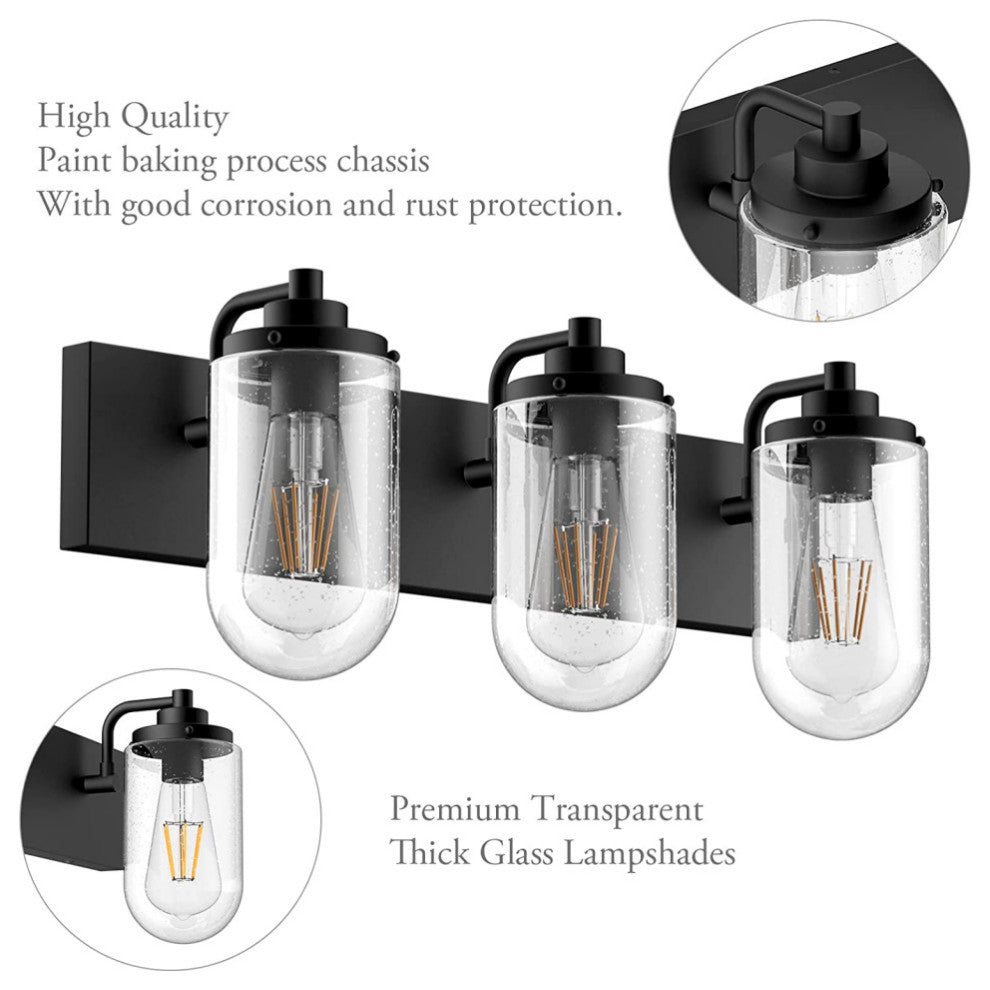 3 light matte black wall light fixture industrial glass bathroom wall lamp
