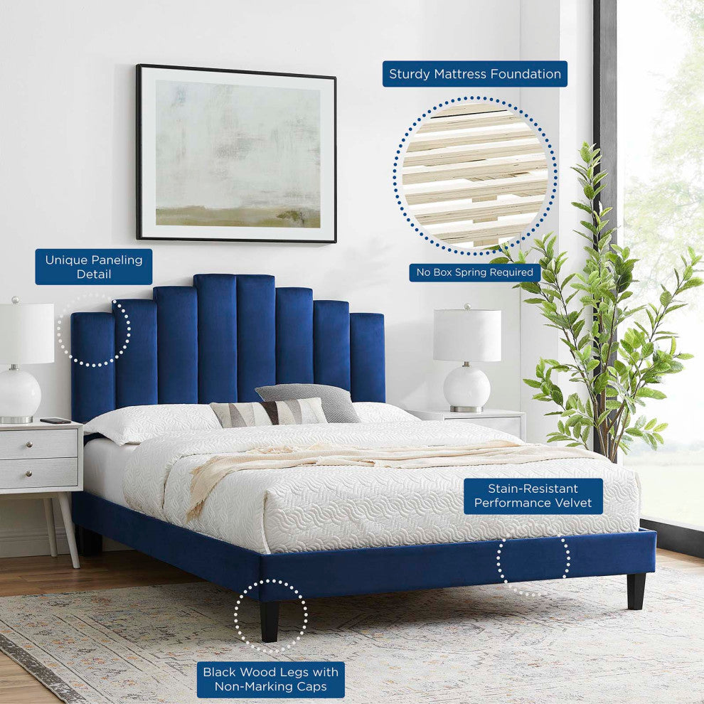 Platform Bed Frame, Queen Size, Velvet, Blue Navy, Modern Contemporary, Bedroom