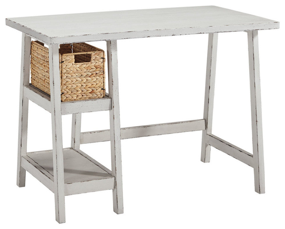 Benzara BM190073 Wood Desk with 2 Display Shelves and Trestle Base, Small, White