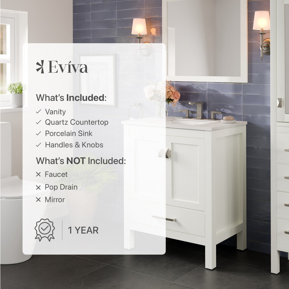 Eviva Aberdeen 30"W White Bath Vanity, White Carrara Quartz Countertop