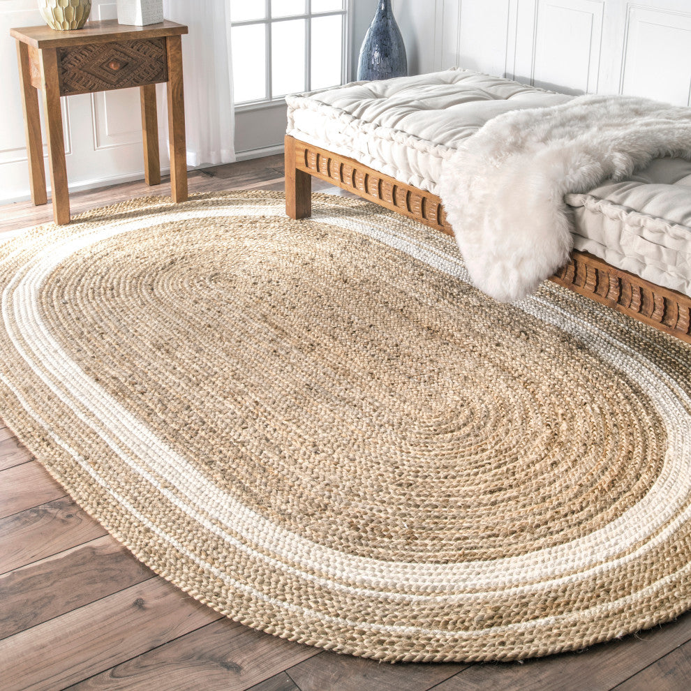 Nuloom Jute Braided Border Area Rug, Off White 5'x8'oval