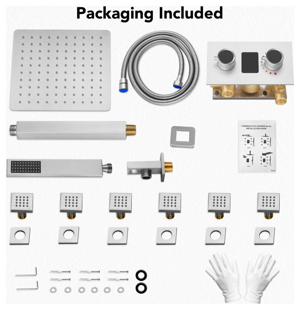 Digital Shower System 12" Rainfall Shower Head With 6 Body Jets, Brushed Nickel