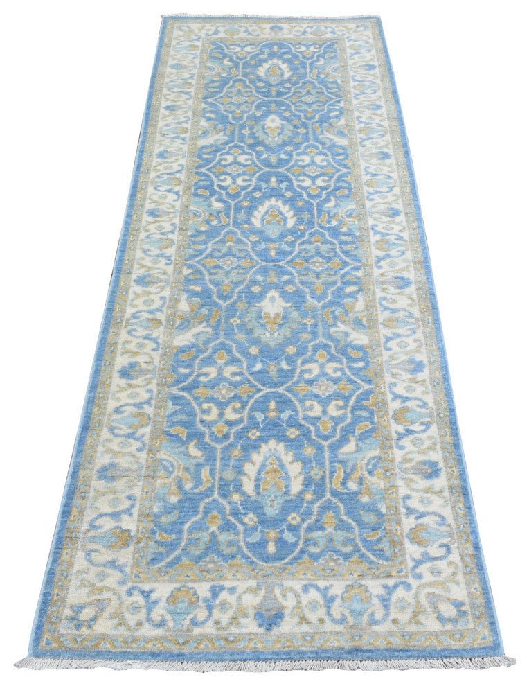 Light Blue, Fine Peshawar Velvety Wool Hand Knotted Runner Rug, 2'7"x7'7"