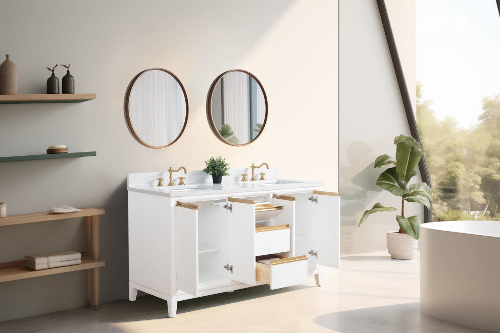 Vanity Art Bathroom Vanity With Sink, White, 60" Double