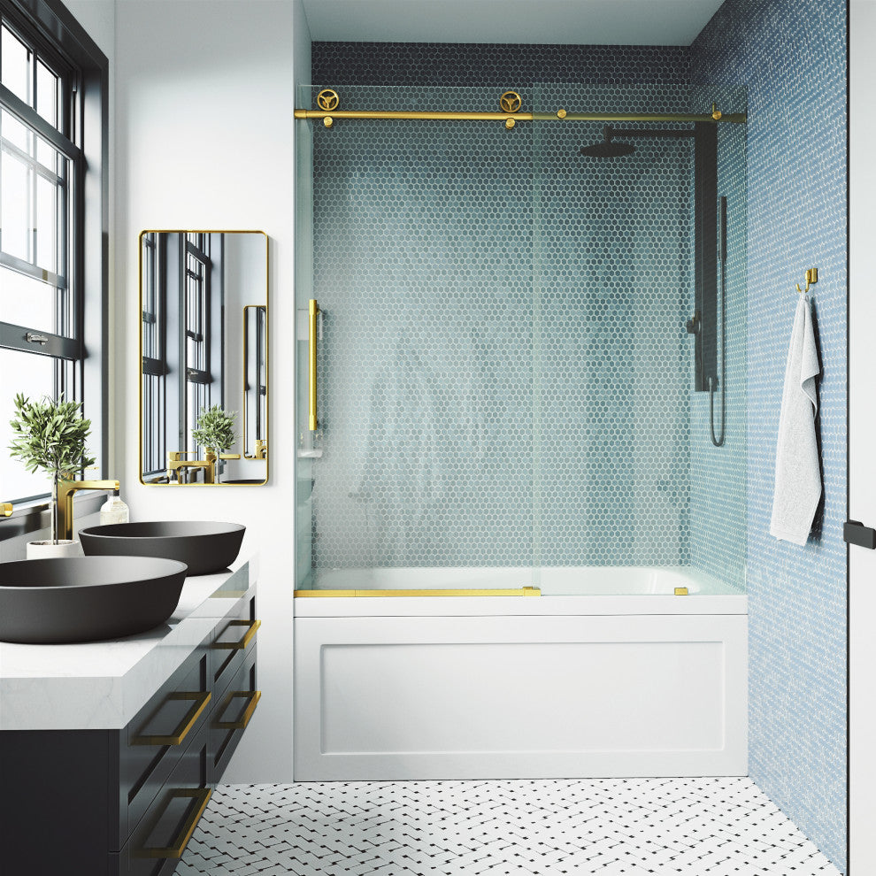 VIGO Elan Cass Aerodynamic 56" to 60" W x 66" H Frameless Sliding Tub Door, Matte Brushed Gold, Clear Glass