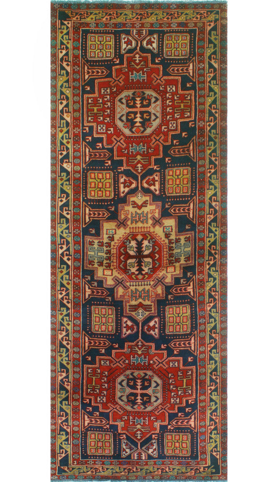 Fine Vintage Distressed Joyce Navy/Beige Runner, 4'2x11'0