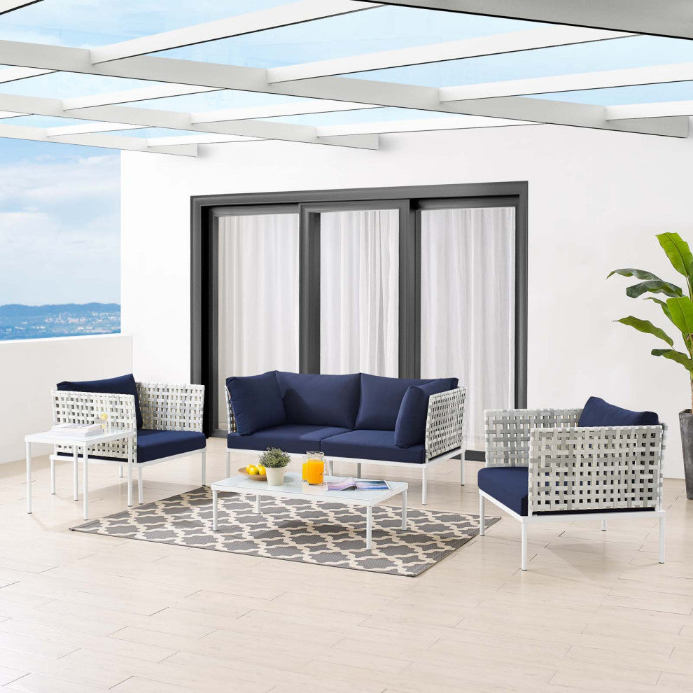Lounge Sectional Sofa Chair Table Set, Sunbrella, Aluminum, Blue Navy, Outdoor