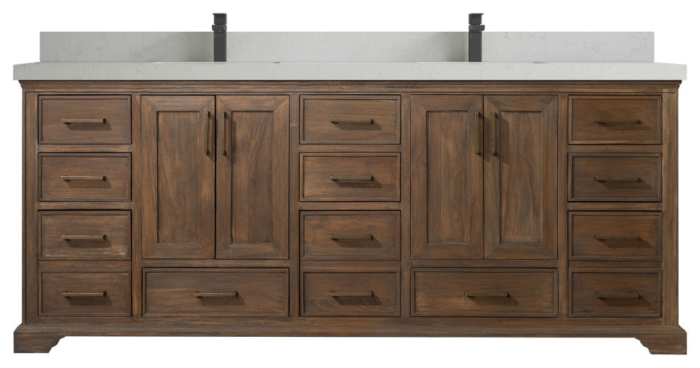 Charlotte Teak 84 Double Sink Bathroom Vanity Distressed Gray 2" Carrara Quartz