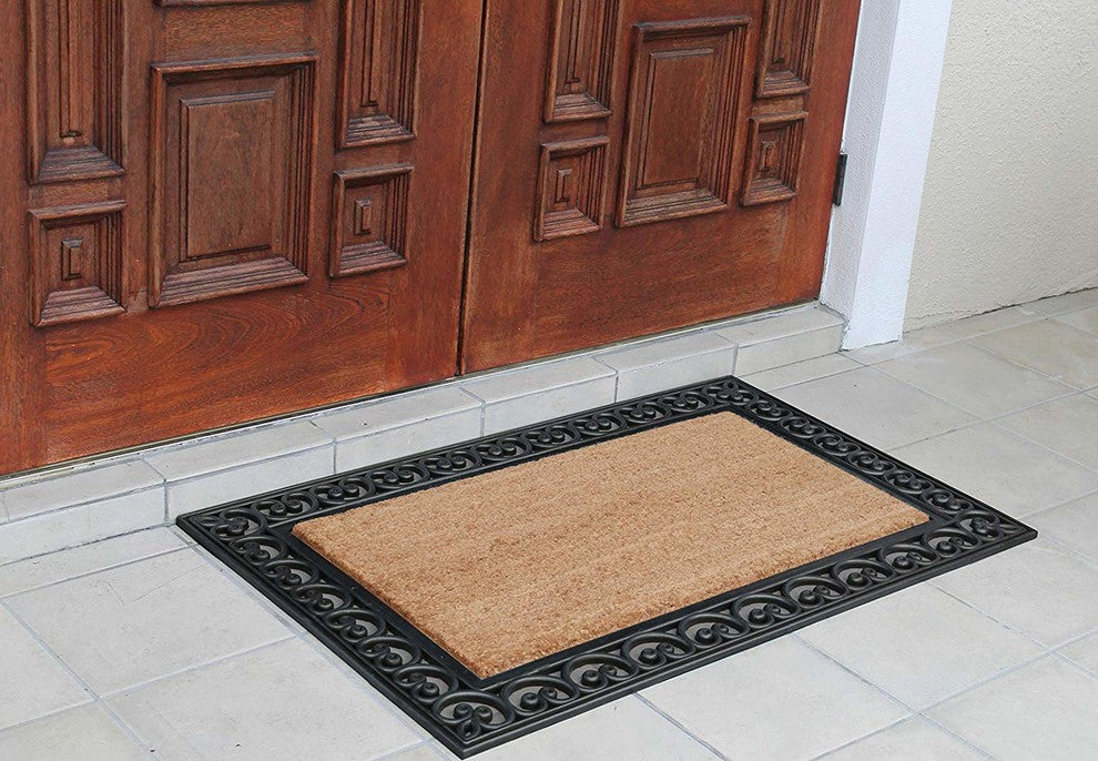 A1HC Black Rubber And Coir Paisley Border Double Doormat, 30"X48"