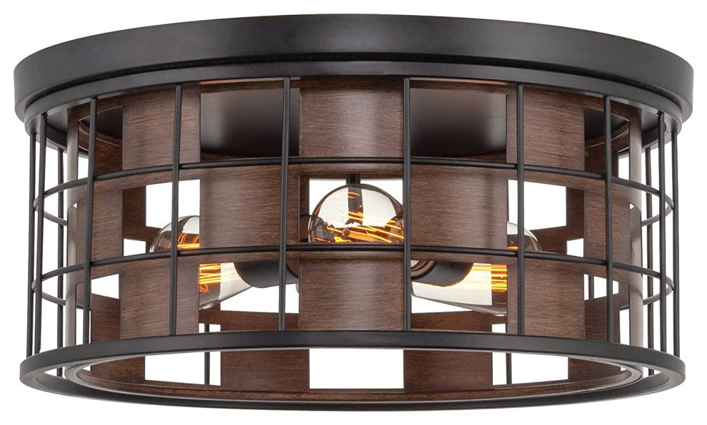 3 Light Vintage Home Flush Mount Fixture, Black Frame, Wood
