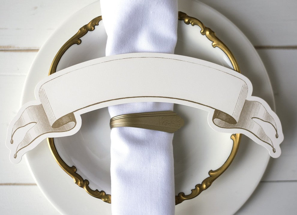 Vintage Style Large Scroll Paper Place Card Labels | Set 36 Gold Cream Ribbon