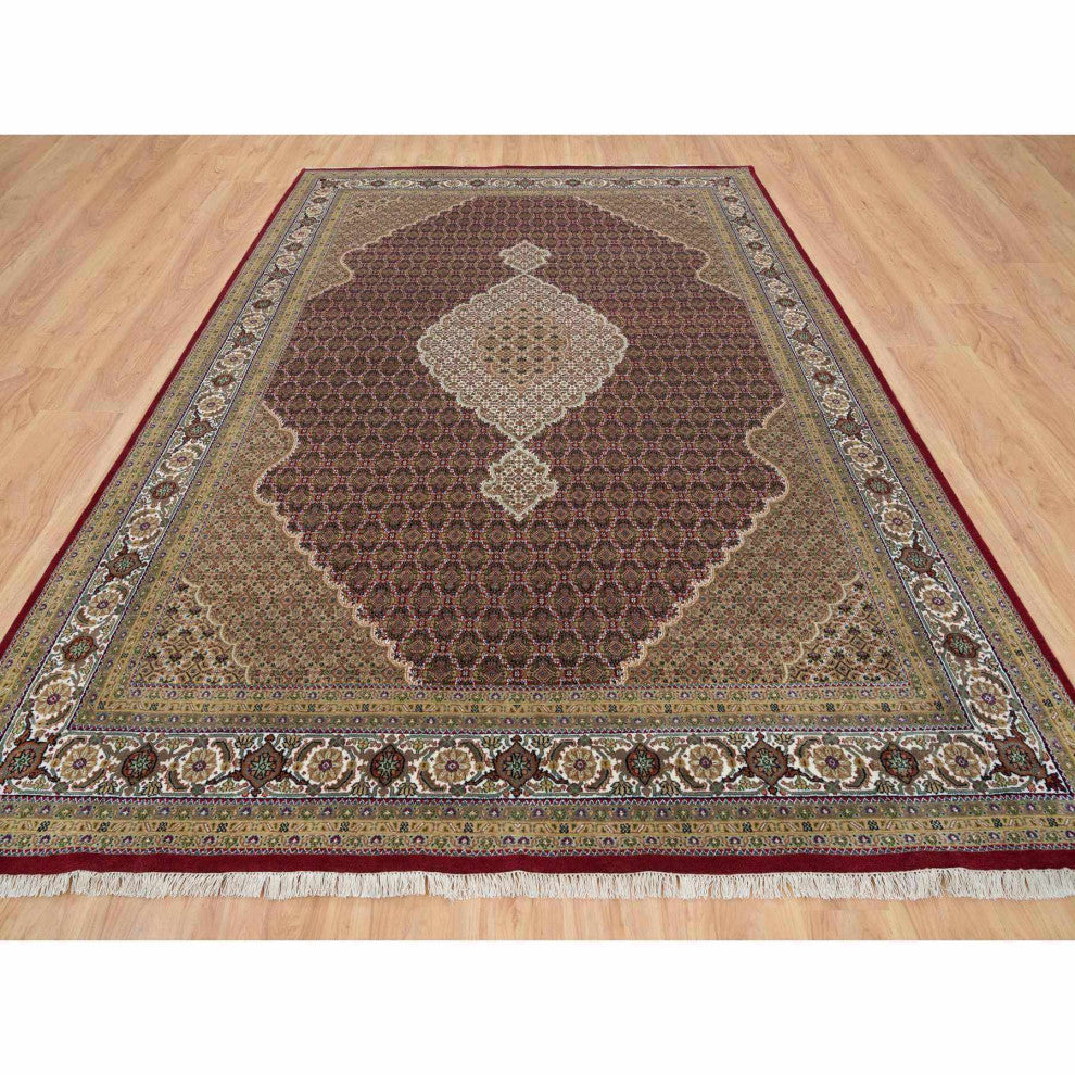Mahogany Red Tabriz Mahi 175 KPSI Wool Hand Knotted Oriental Rug, 10'x13'10"