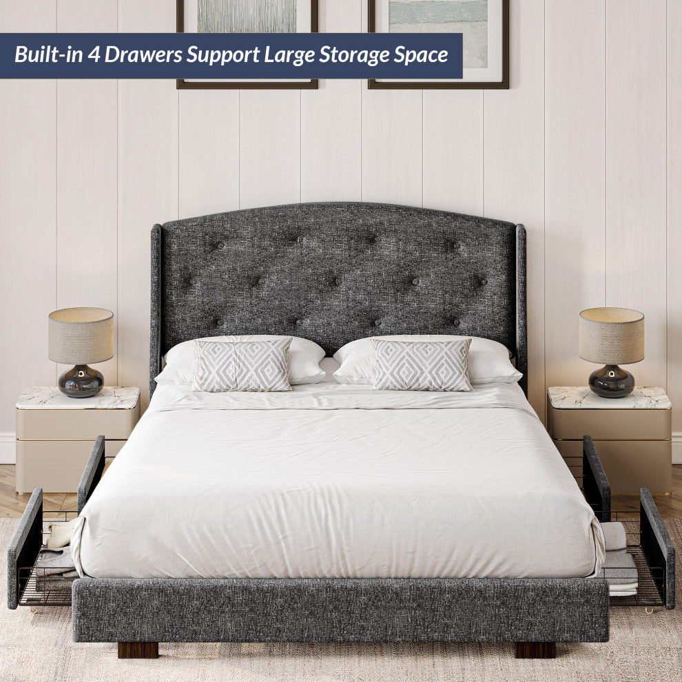 Queen Bed Frame with Headboard 4 Storage Drawers - Gray