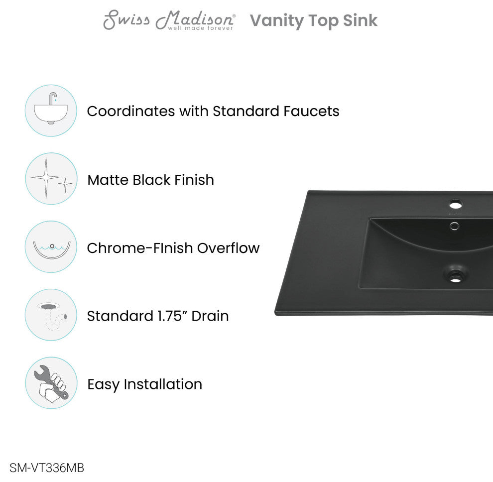 36" Ceramic Vanity Sink Top, Matte Black