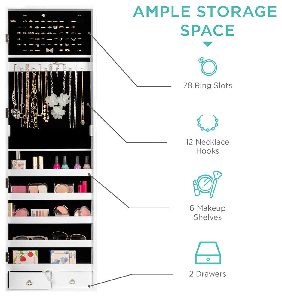 Standing Mirror Armoire, Lockable Jewelry Storage Organizer Cabinet