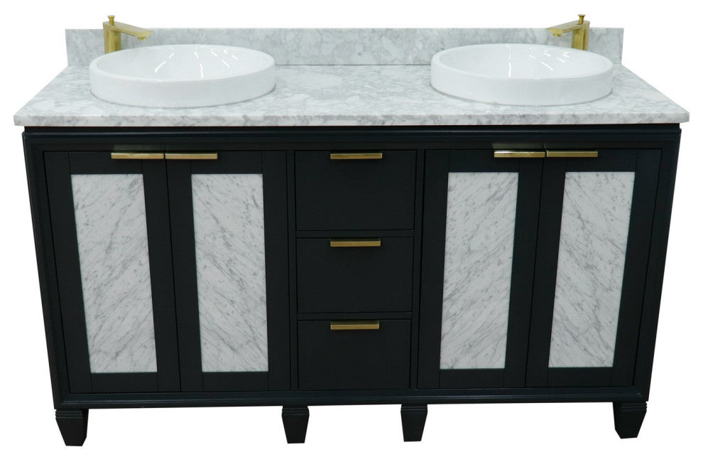 61" Double Sink Vanity, Dark Gray Finish With White Carrara Marble