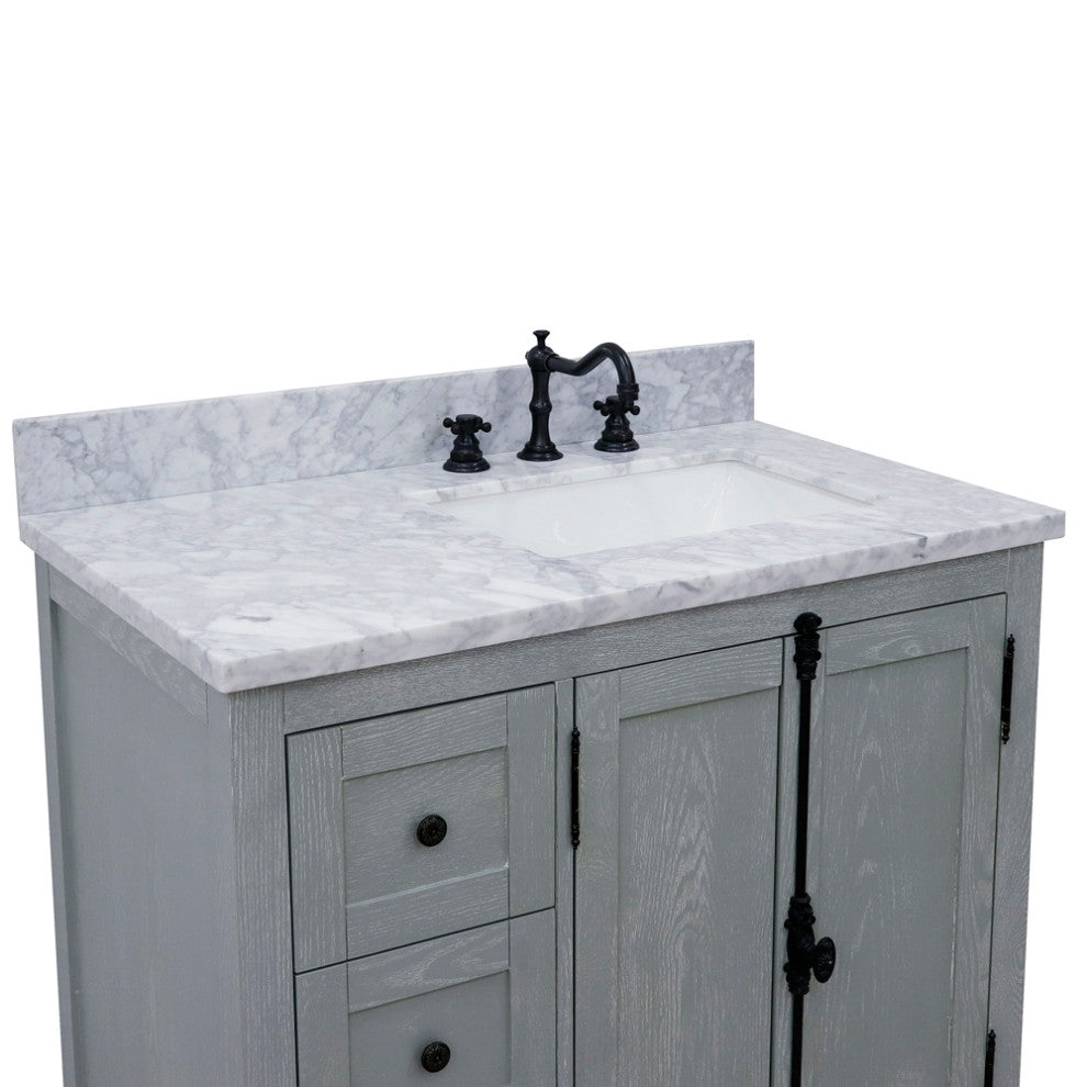 37" Vanity, Gray Ash With White Carrara Top, Right Doors/Right Rectangle Sink