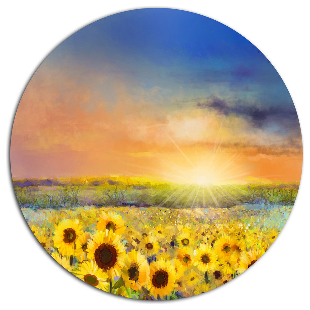 Sunset Over Golden Sunflower Field, Flower Round Metal Wall Art, 11"