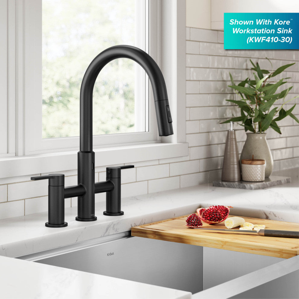 KRAUS Oletto Touchless Sensor Bridge Kitchen Faucet w Pulldown Sprayhead MB